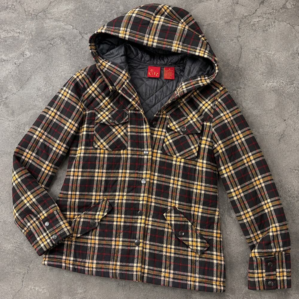 Tilt Plaid Hooded Quilted Jacket Size Medium Black Yellow Flannel Coat